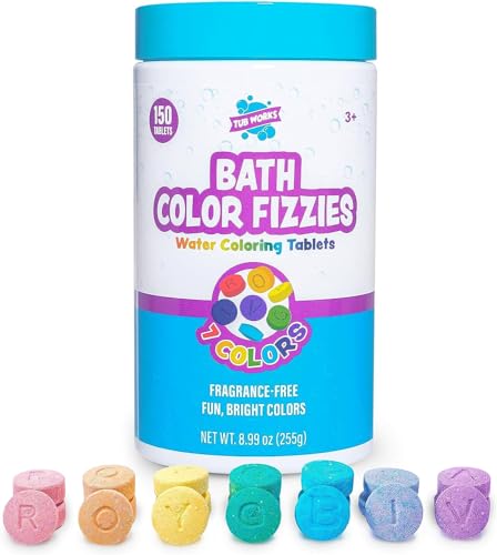 Tub Works® Bath Color Fizzies, 150 Count | Nontoxic & Fragrance-Free | Fizzy, Bath Color Tablets for Kids | Create Fun Bath Colors | Water Tablets in 7 Colors for Variety | Bath Bombs for Kids Bath