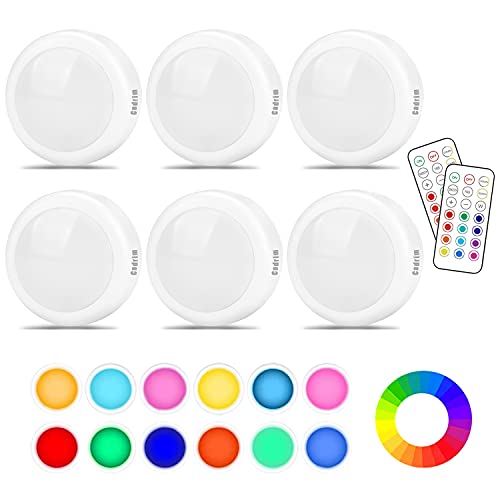 Cadrim Puck Lights, 13 Colors Changeable LED Under Cabinet Lights, Dimmable Battery Powered Lighting with 2 Wireless Remote Controls for Kitchen (6 Pack)