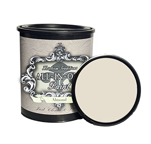 ALL-IN-ONE Paint, Almond (Off White, Tan Undertone), 32 Fl Oz Quart. Durable cabinet and furniture paint. Built in primer and top coat, no sanding needed.