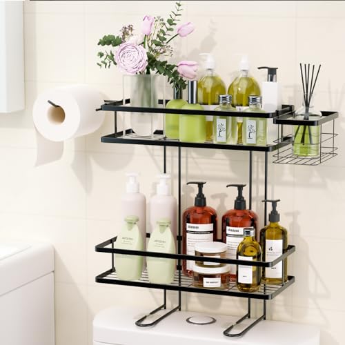 IIQ Over The Toilet Storage,2-Tier Bathroom Organizer Over Toilet with Removable Basket Paper Holder, Above Toilet Storage with Non-Trace Adhesive, No Drilling Toilet Organizer
