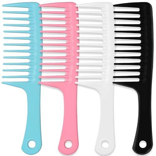 4PCS Wide Tooth Comb, Large Hair Detangling Comb Styling Comb, Professional Women Hair Care Handgrip Comb for Curly, Wet, Long Hair (Blue, Pink, White, Black)