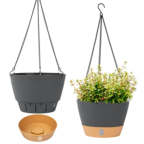 QCQHDU 2 Pack Hanging Planters Set,8 Inch Indoor Outdoor Hanging Plant Pot Basket,Hanging Flower Pot with Drainage Hole with 3 Hooks for Garden Home(Grey)