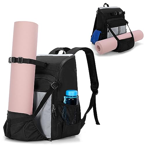 GOBUROS Yoga Mat Bag with Mat Holder for Women and Men Yoga Mat Carrier Backpack with Charging Port and Padded Shoulder Straps for Yoga, Gym, Pilates