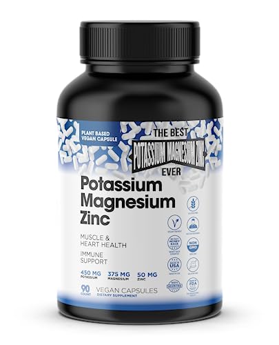 Magnesium Potassium Supplements w/Zinc - 90 Capsules - Magnesium Potassium Zinc for Vascular Health – High Absorption Vegan Potassium Magnesium Supplement for Leg Cramps and Sleep