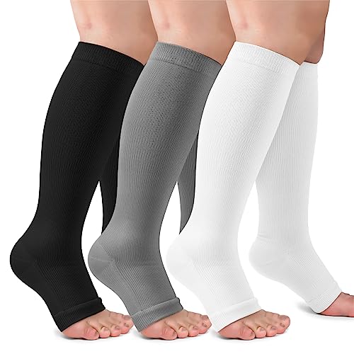 3 Pack Copper Compression Socks for Women & Men, 20-30mmHg Open Toe Knee High Stockings for Circulation Support