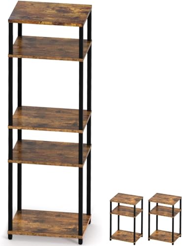 MINOSYS End Table Nightstands Set of 2, 3-Tier Bedside Tables, Nightstand Accent Table for Couch, 5-Tier Shelf Bookcase, Living Room, Bedroom, Rustic Brown and Black, Easy Assembly.