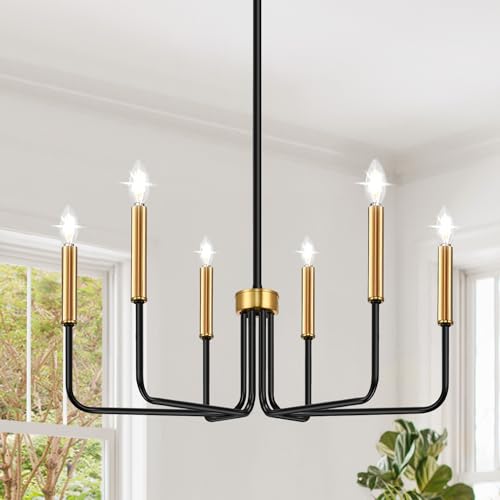 Black and Gold Chandelier, 6-Light Farmhouse Chandelier for Dining Room Lighting Fixtures Hanging, Dining Light Fixtures Industrial Modern Chandelier for Bedroom, Foyer, Living Room and Entryway