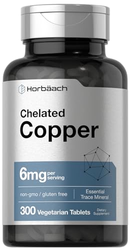 Chelated Copper Supplement 6mg | 300 Tablets | Essential Trace Mineral | Vegetarian, Non-GMO, Gluten Free | by Horbaach