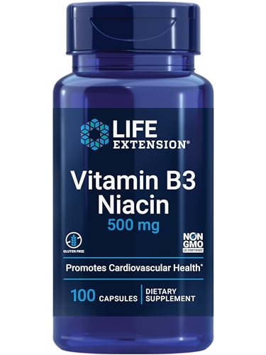 Life Extension Vitamin B3 Niacin 500 mg – Niacin (Vitamin B3), Supports Heart Health, Promotes cellular energy production – Gluten-Free, Non-GMO – 100 Capsules