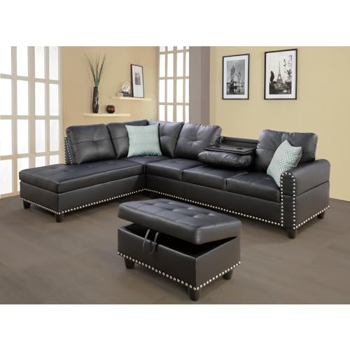 Devion Furniture Faux Leather Sectional Sofa with Ottoman in Black (Pillows Included)