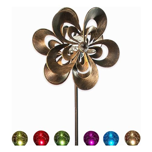 SteadyDoggie Wind Spinner - Garden Decor Spinners with Solar Powered Multi-Color LED Glass Ball Light - Dual Direction Kinetic Metal Copper Bronze Windspinners 6ft Tall Flower Sculptures for Outdoor