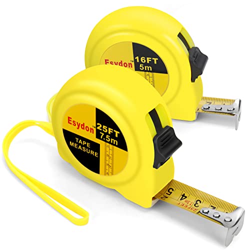 2 Packs Tape Measure 25 ft /16 ft, Esydon Measuring Tape Retractable, Self-Locking Tape Measurer, Easy Read Imperial/Metric Scale Measurement Tape for Designer, Decorator, & Handicraftsman