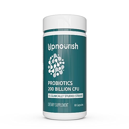 UpNourish Probiotics - 200 Billion CFUs, 15 Strains, Prebiotics & Enzymes - 60 Vegan Capsules