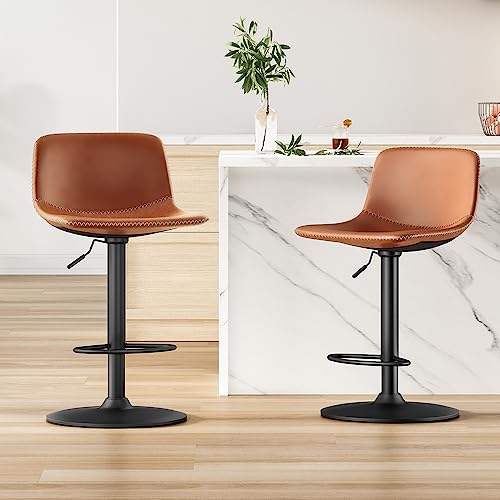 Adjustable Bar Stools Set of 2, Mid Century Modern Swivel Bar Stools, Industrial Bar Height Stools with Back Support Counter Height Bar Chairs Pu Leather Bar Stool for Kitchen Island Rustic Barstools