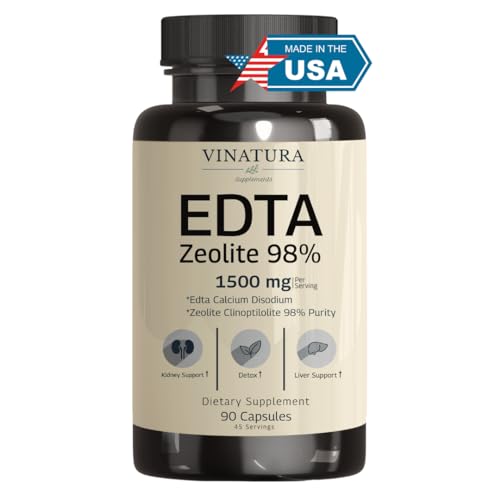 VINATURA EDTA & Zeolite Pure Capsules - 1500mg 1 Serving, USA Made & Tested, Liver Support - Activated Ultra-Fine 10 µm Zeolite Clinoptilolite, Edta Calcium Disodium, Kale Extract - 90 Caps 45 servs