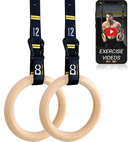 Double Circle Wood Gymnastics Rings with Quick Adjust Numbered Straps and Exercise Videos Guide - Full Body Workout Rings, Calisthenics, Home Gym (Multi-Size)