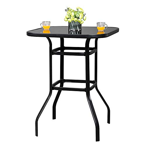 VINGLI Outdoor Bar Table Metal Black Patio Bar Table, Tempered Glass Table Top Outdoor Console Tables Pub Table for Patio High Top Table