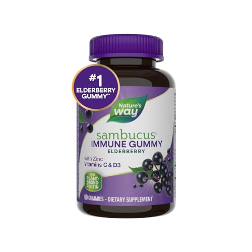 Nature’s Way Sambucus Elderberry Immune Gummies, Daily Immune Support for Kids and Adults*, with Vitamin C, Vitamin D3, Zinc, Gluten Free, Vegetarian, 60 Gummies (Packaging May Vary)