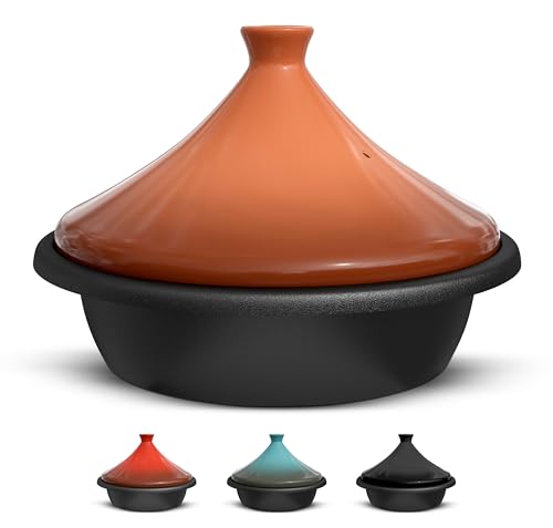 Kook Moroccan Tagine, Enameled Cast Iron Cooking Pot, Tajine with Ceramic Cone-Shaped Closed Lid, 3.3 QT (Terracotta)