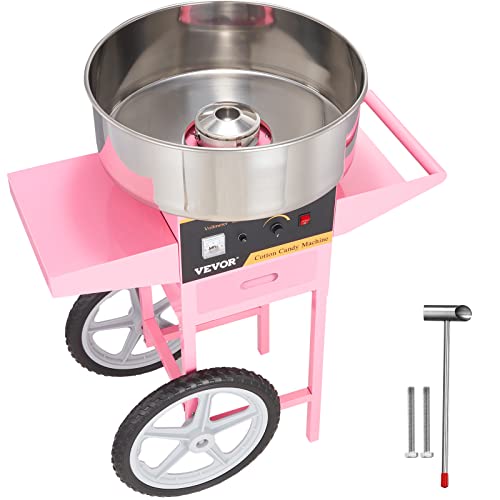 VBENLEM Commercial Cotton Candy Machine with Cart (New Version), Electric Floss Maker with Stainless Steel Bowl, Sugar Scoop and Drawer, for Family and Various Party, Bright Pink