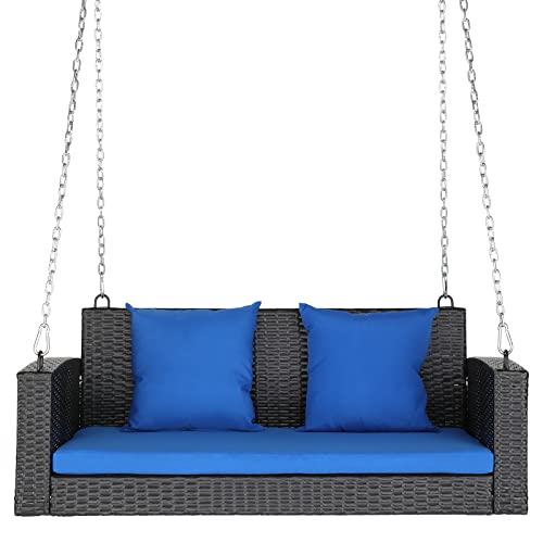 Outvita Porch Swing 2 Person Hanging Bench, Wicker Outdoor Swing Bench with Cushion and Pillow for Patio, Yard, Garden Hold Up to 800 lbs (Blue)