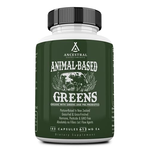 Ancestral Supplements Greens Powder Capsules, Organic Superfood Greens & Reds Blend with Spirulina, Chlorella, Grass Fed Beef Organs, and Probiotics for Gut Health, Non GMO, 615mg Each, 180 Count