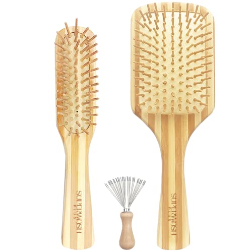 Hair Brush Set for Women & Men, Natural Bamboo Bristles Wet Dry Flat Paddle Detangling Bamboo Brushes Fit All Types Hair, Brush Cleaner Tool included - 3 Pack