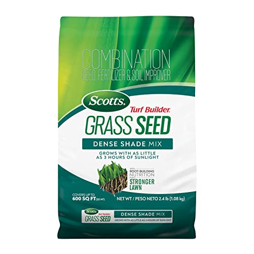 Scotts Turf Builder Grass Seed Dense Shade Mix with Fertilizer and Soil Improver, Grows With Little Sunlight, 2.4 lbs.
