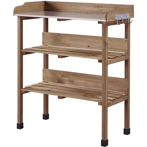 Topeakmart Potting Bench Table w/Metal Tabletop for Garden, Fir Wood Workstation w/3 Tier Shelves, Outdoor Work Bench w/Hook Brown