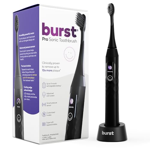 Burst Pro Sonic Electric Toothbrush for Adults - Soft Bristle Toothbrush for Deep Clean & Plaque Removal - Up to 9 Month Battery, Smart Pressure Sensor, 5 Sonic Toothbrush Modes - Black