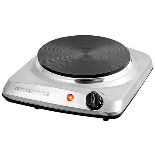 OVENTE Electric Countertop Single Burner, 1000W Cooktop with 7.25 Inch Cast Iron Hot Plate, 5 Level Temperature Control, Compact Cooking Stove and Easy to Clean Stainless Steel Base, Silver BGS101S