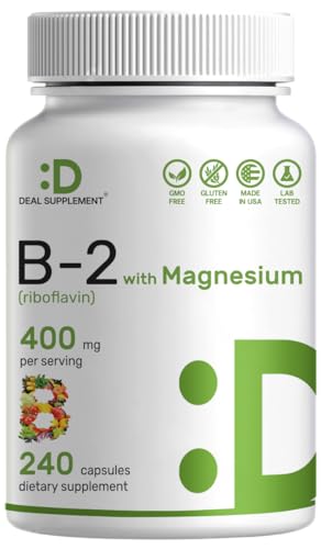 Vitamin B2 400mg (Riboflavin) | with Magnesium Glycinate 400mg, 240 Capsules – 2 in 1 Support Healthy Nervous System, Mood, Blood & Energy Production, Non-GMO