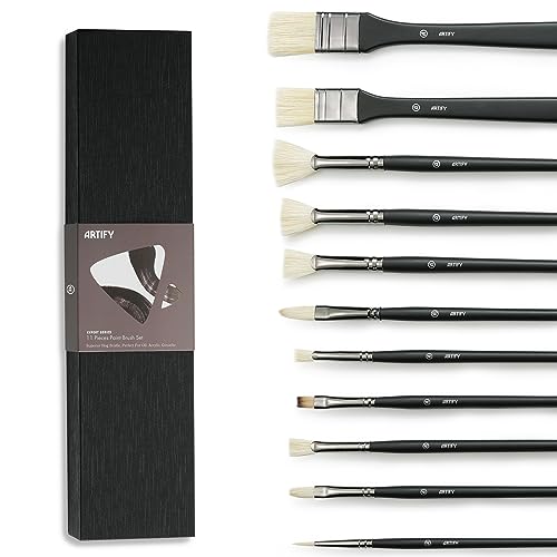 ARTIFY Oil Paint Brush Set - 11 Pieces | Professional Artist Paint Brush Set for Oil Painting | Natural Hog Bristle Brushes with an Additional Nylon Brush, Perfect for Oil, Acylic and Gouache