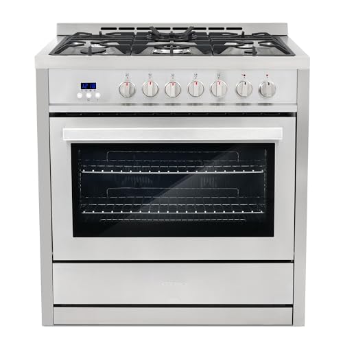 COSMO COS-F965NF 36 in. Dual Fuel Range with 5 Gas Burners, Electric Convection Oven with 3.8 cu. ft. Capacity, 8 Functions, Black Porcelain Interior in Stainless Steel