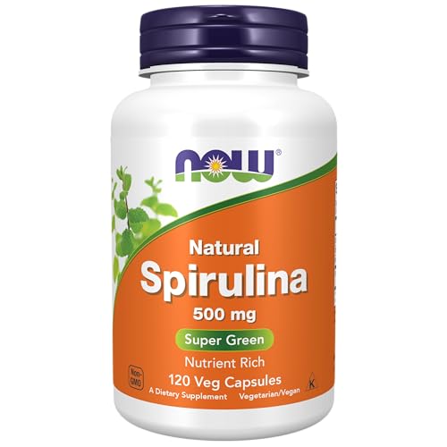 NOW Supplements, Natural Spirulina 500 mg with Beta-Carotene (Vitamin A) and Vitamin B-12, and naturally occurring Protein and GLA (Gamma Linolenic Acid), 120 Veg Capsules