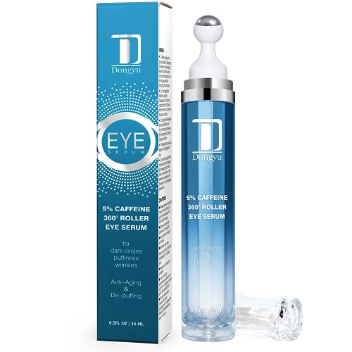 Dongyu 5% Caffeine Eye Serum and Under Eye Roller Cream for Dark Circles and Puffiness, Caffeine Eye Cream with 360° Massage Ball Reduce Wrinkles and Fine Lines, Bags under eyes