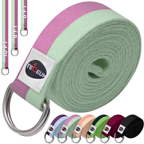 [NEW 2024] TECEUM Yoga Strap – Cotton – 6 ft 8 ft 10 ft (15+ colors) – Adjustable Non-Slip Belt for Daily Yoga, Pilates, Stretching, Physical Therapy, Fitness & Home Workout – For All Levels