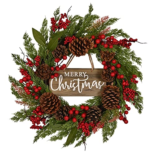 20 Inch Christmas Wreath with Pinecone Berries Christmas Decorations Front Door Wreath for Outdoor Indoor Party Wall Table Home Decor Brown Sign