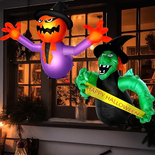 Glimin 2 Pcs 4 Ft Halloween Inflatable Scary Witch Pumpkin Broke Out from Window Pumpkin Ghost Blow Up Inflatable Ghost Decor with Build-in LED Lights for Halloween Outdoor Yard Garden Lawn