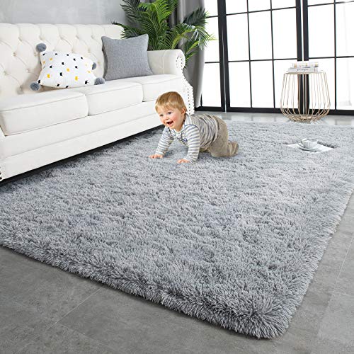 TWINNIS Super Soft Shaggy Fluffy Carpets, 4x5.9 Feet, Indoor Modern Plush Area Rugs for Living Room Bedroom Kids Room Nursery Home Decor, Upgrade Anti-Skid Durable Rectangular Fuzzy Rug, Grey