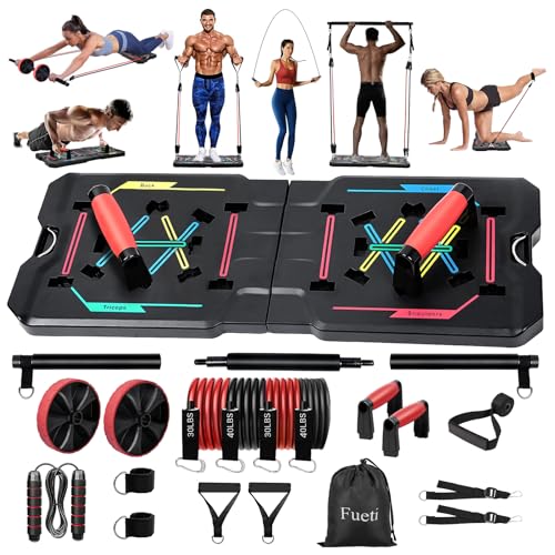 Fueti Home Gym Equipment, Large Compact Push Up Board, Portable Home Gym System with Pilates Bar, Resistance Band, Ab Roller Wheel, Full Body Workout at Home, Professional Push Up Strength Training