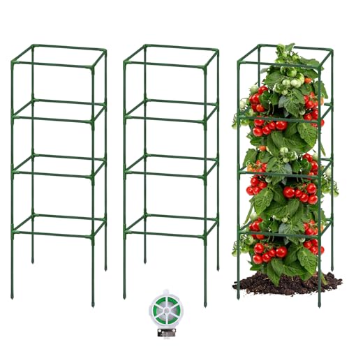 Hoyejyou 3 Pack Tomato Cages for Garden, 41.5 x 14 x 14 Inches Square Tomato Plant Support Pole, Heavy Duty Steel Plant Tower Stakes, Garden Cucumber Trellis for Climbing Vegetables Flowers Fruits