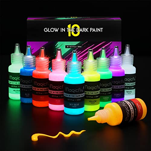Magicfly Acrylic Glow in The Dark Paint, 10 Bright Colours Liquid Luminous Paint, Neon Paints Glow in Dark for Painting, Halloween Decoration, DIY Crafts, 20 ml Each