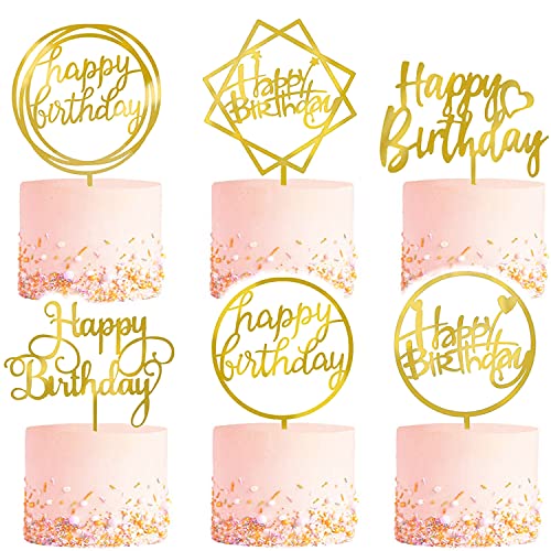 6-Pack Gold Birthday Cake Topper Set, Double-Sided Glitter, Acrylic Happy Birthday Cake Toppers/Cupcake Toppers, Birthday Decorations for Children or Adults.