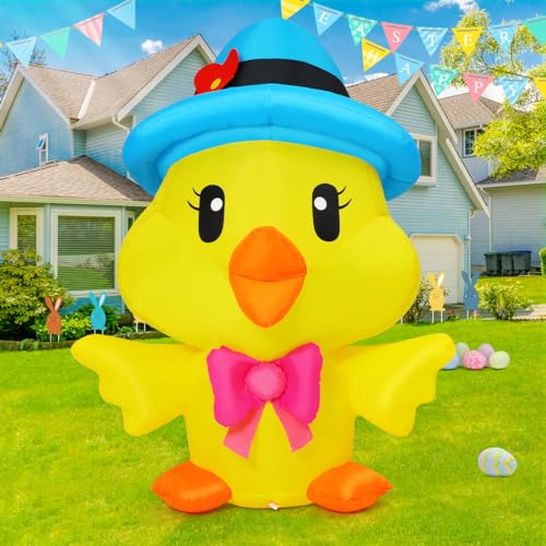 GOOSH 5.2 FT Easter Inflatable Duck Outdoor Decoration Blow Up Yard The Duck with The Blue Hat with Built-in LEDs for Indoor Party Garden Lawn Decor