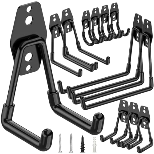 TICONN 12 Pack Heavy Duty Garage Hooks, Steel Utility Wall Storage Hooks, Wall Mount Hanger Organizer for Ladders, Bikes, Tools, Bulky Items (Black)