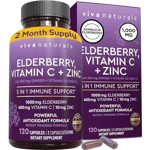 Viva Naturals Sambucus Elderberry with Vitamin C and Zinc for Adults - 5 in 1 Sambucus Black Elderberry Capsules with Vitamin D3 5000 IU, Elderberry Immune Support Supplement 2 Months Supply Pills