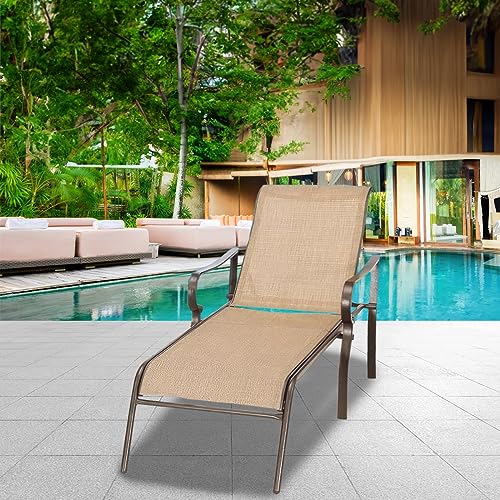 yoyomax Chaise Lounge Outdoor w/Adjustable Back in 5 Reclining Levels, Sturdy Metal Frame, Sunbathing Chair for Beach, Yard, Balcony, Poolside, Beige