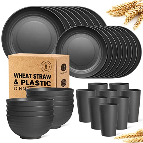 Teivio 32-Piece Kitchen Plastic Wheat Straw Dinnerware Set, Service for 8, Dinner Plates, Dessert Plate, Cereal Bowls, Cups, Unbreakable Plastic Outdoor Camping Dishes, Black