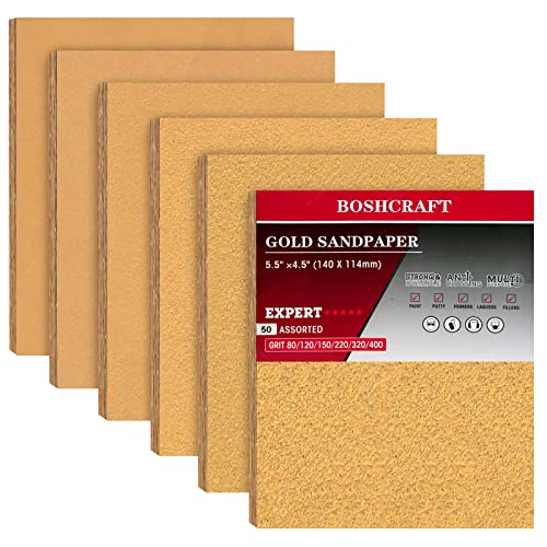 BOSHCRAFT 50 Pcs 1/4 Sheet Sandpaper, Premium Sand Paper 80/120/150/220/320/400 Grit Sandpaper Sheet Sand Paper Assortment for Wood Metal Automotive Palm Sanders 5.5